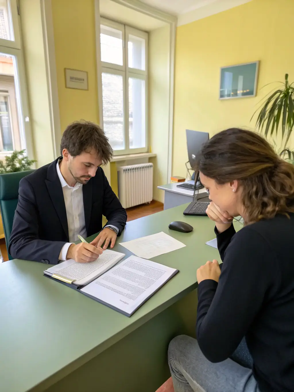 A professional meticulously reviewing a SaaS contract with a magnifying glass, highlighting key clauses and potential risks.