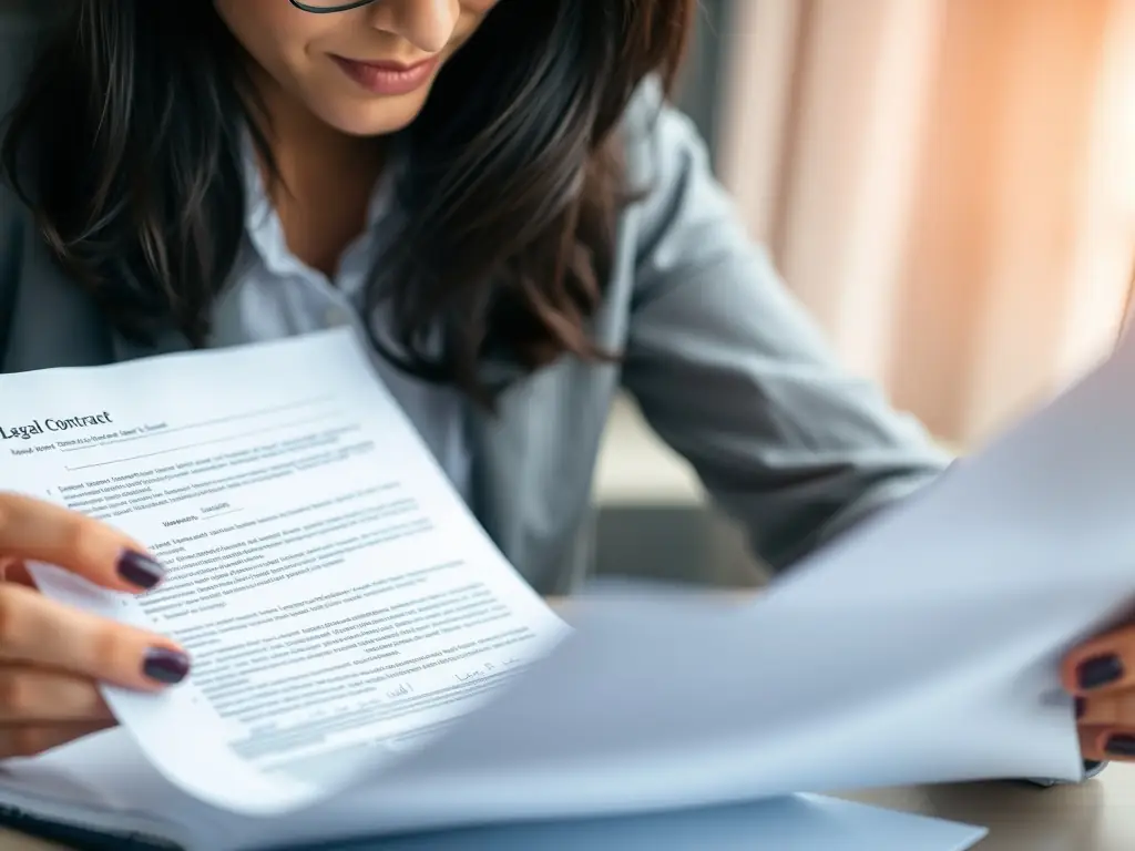 A professional meticulously reviewing a SaaS contract with a magnifying glass, highlighting key clauses and potential risks. The setting is a modern office environment, emphasizing attention to detail and expertise.