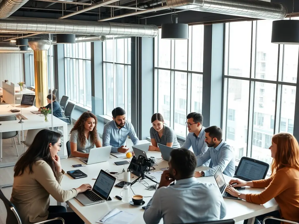 A diverse team collaborating on SaaS vendor selection, using laptops and tablets to compare different software solutions. The atmosphere is collaborative and data-driven, showcasing a thorough and informed decision-making process.